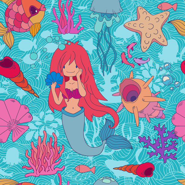lindo vector patrón sin costura con los habitantes del mar de dibujos animados, ilustración dibujada a mano con concha, medusas, sirena, estrellas de mar y algas marinas
 - Vector, imagen