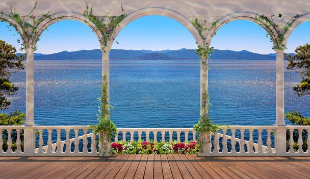 Terrasse mit Balustrade mit Blick auf Meer und Berge - Foto, Bild