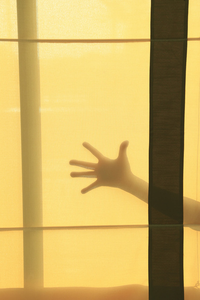 Obrázek někoho za žluté transparentní záclony - měkké foc - Fotografie, Obrázek