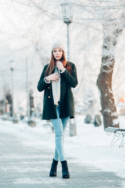Beautiful winter portrait of young woman in the snowy scenery - Φωτογραφία, εικόνα