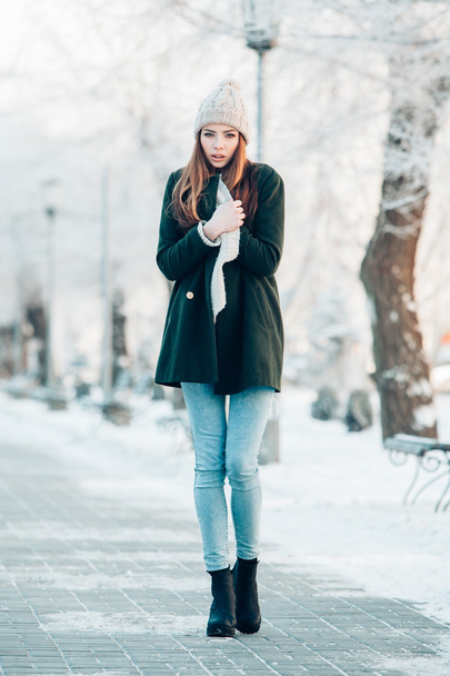 Beautiful winter portrait of young woman in the snowy scenery - Foto, immagini