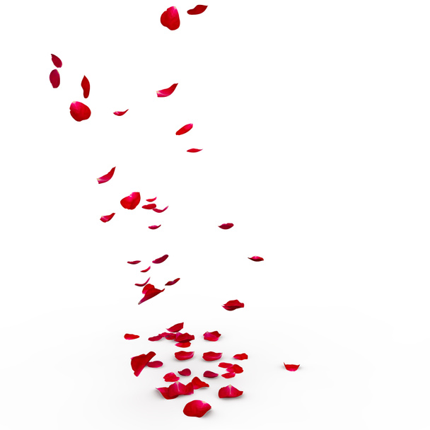 床に赤いバラの花びらが飛んでいます。 - 写真・画像