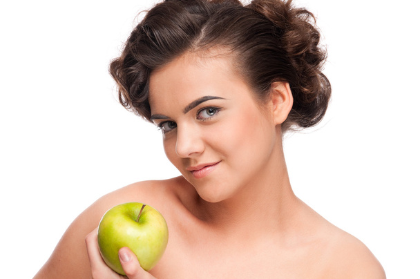 Closeup portrait of beauty woman with green apple - Photo, Image