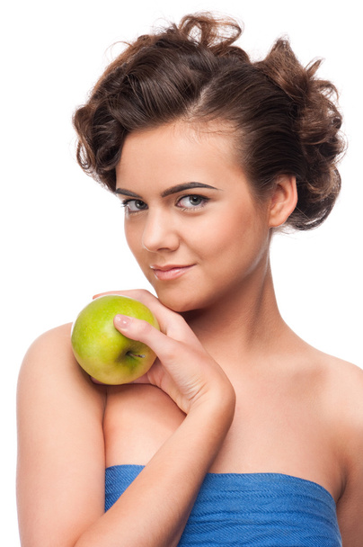 Closeup portrait of beauty woman with green apple - 写真・画像