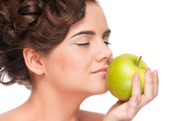 Closeup portrait of beauty woman with green apple - Zdjęcie, obraz