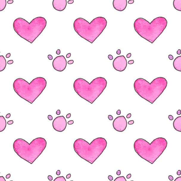 Seamless pattern with cartoon paws and hearts. Hand-drawn background. Vector illustration. - Вектор,изображение