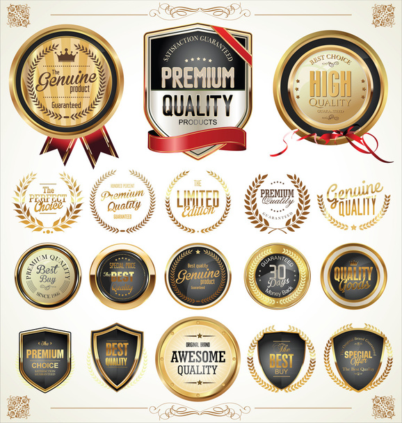 Collezione di distintivi e etichette dorate di qualità
 - Vettoriali, immagini