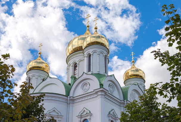 Golden domes of Catherine cathedral against blue sky. Tsarskoye - Fotó, kép