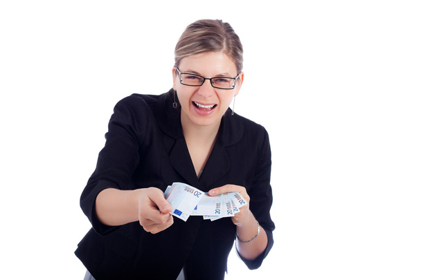 glückliche Geschäftsfrau mit Euro-Banknoten - Foto, Bild