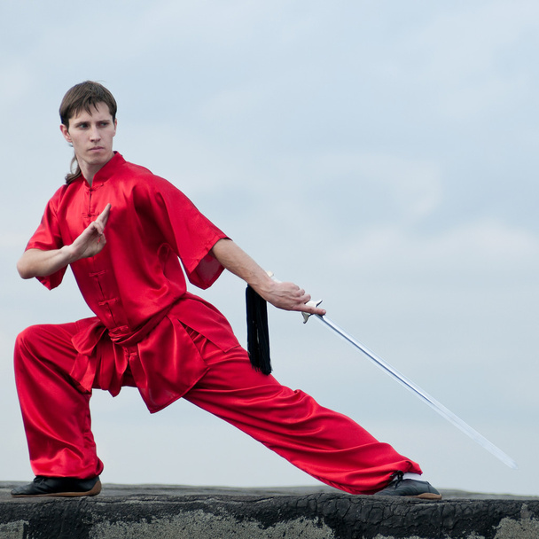 Wushoo man in red practice martial art - 写真・画像