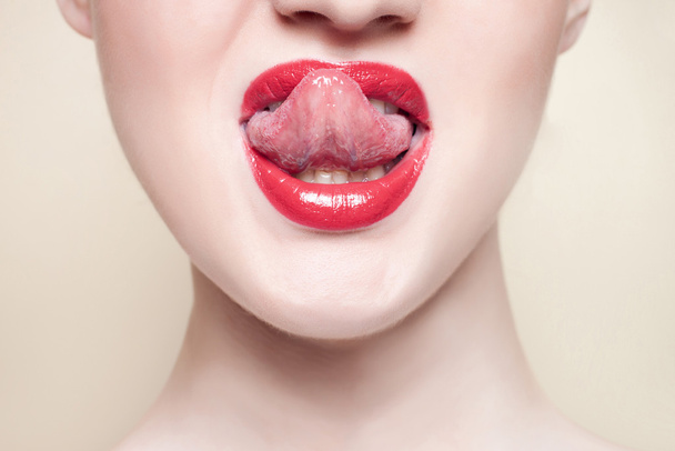 Red lips, close-up portrait - Photo, image