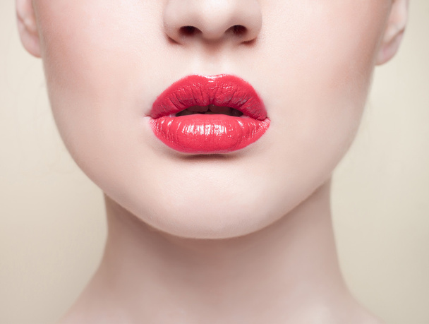 Red lips, close-up portrait - Фото, изображение