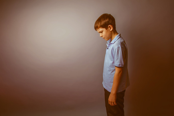 boy teenager European appearance in a blue shirt brown hair hung - Фото, изображение