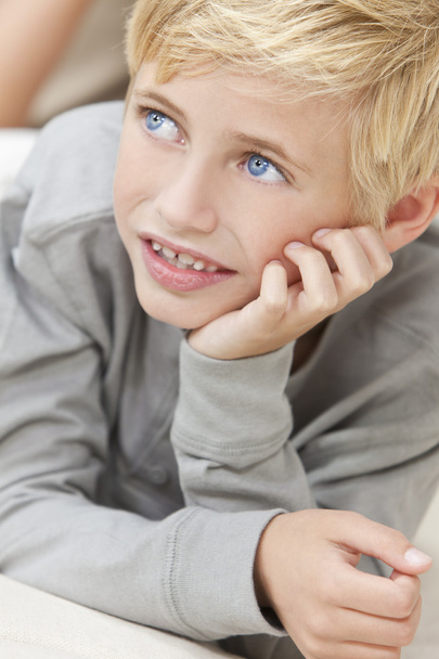 Blond Hair Blue Eyes Boy Child Resting on His Hands - Photo, image