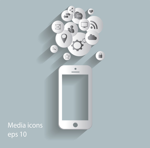Flat mobile phone vector with social media icons white - Vector, Image