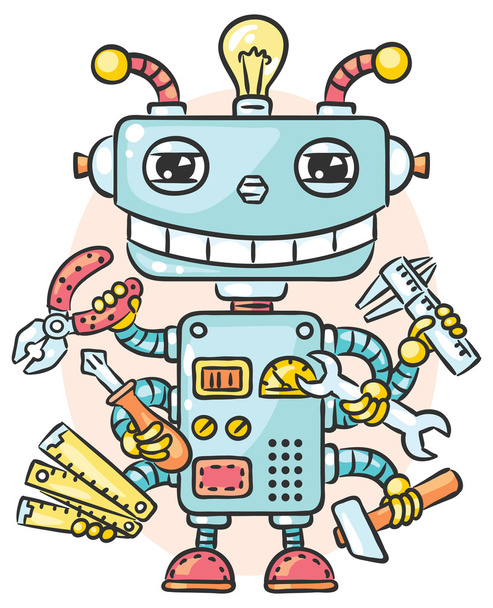 Χαριτωμένο ρομπότ με έξι χέρια που κρατούν τα διαφορετικά εργαλεία εργασίας - Διάνυσμα, εικόνα