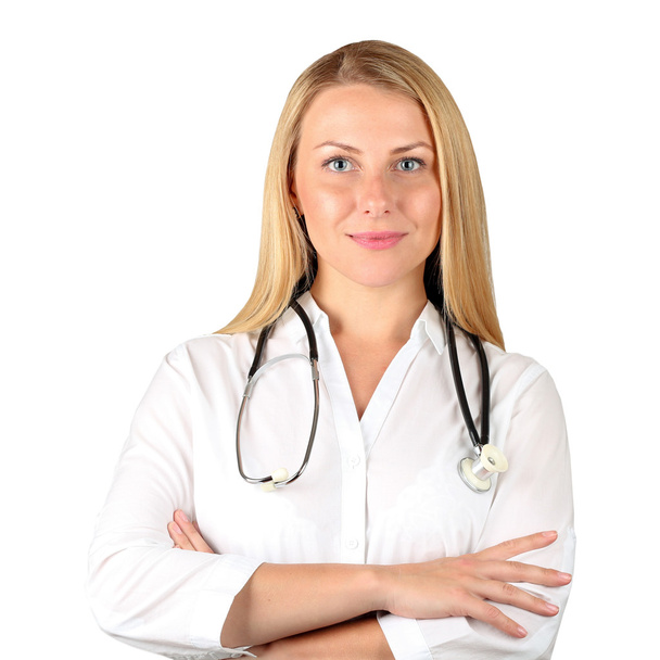 Image of woman  doctor  looking at camera. Isolated on a white b - Fotoğraf, Görsel