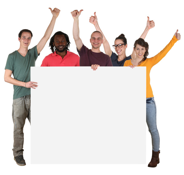 Young multi ethnic people holding empty banner with copyspace - Фото, изображение