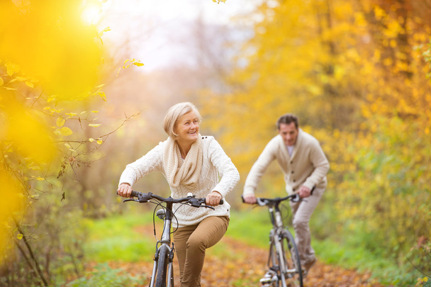 senior couple riding bikes - Fotoğraf, Görsel