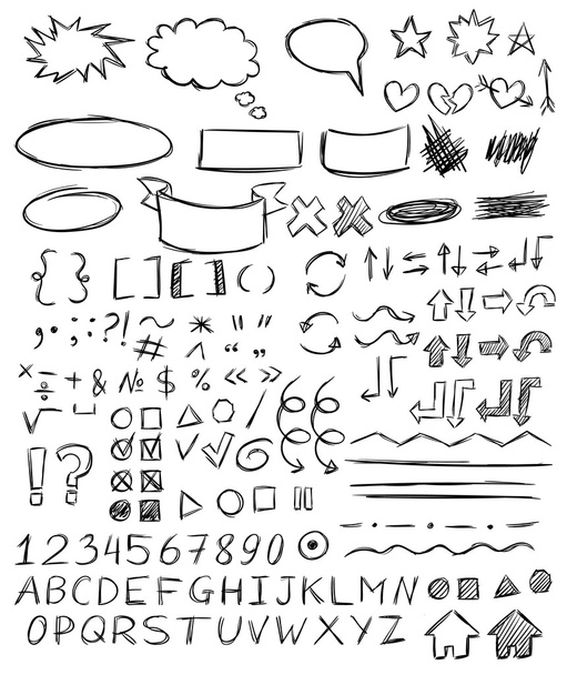 Handwriting numbers, letters, punctuation marks, arrows, highlighting, underlining, bubbles - Vector, Image