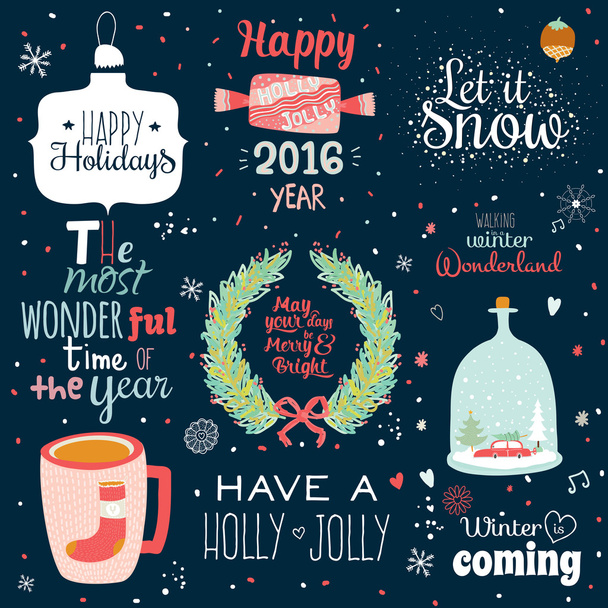 Vintage Christmas And New Year Set - Vector, Image