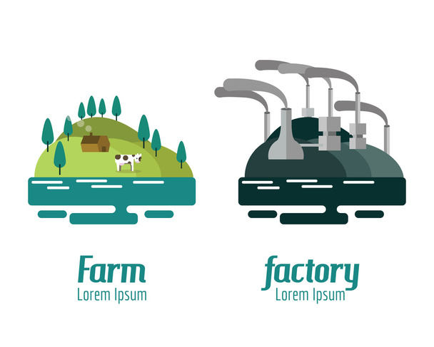 Farm and Factory landscape. flat design elements. vector illustr - Vector, Image