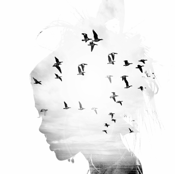 Kadının baş ve uçuş, kuş çift pozlama, özgürlük ve özgürlük arka plan. Güzellik doğa bir armağanı, - Fotoğraf, Görsel
