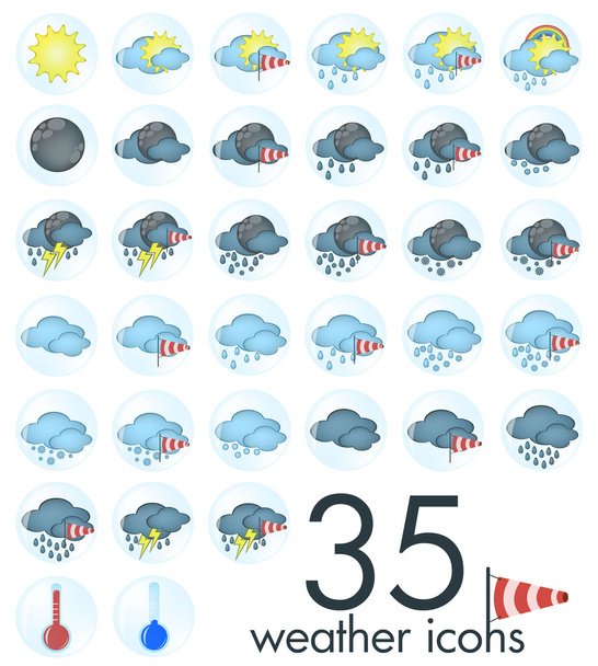 Időjárás ikonok - 35 különböző weathers, plusz thermometeres - Fotó, kép