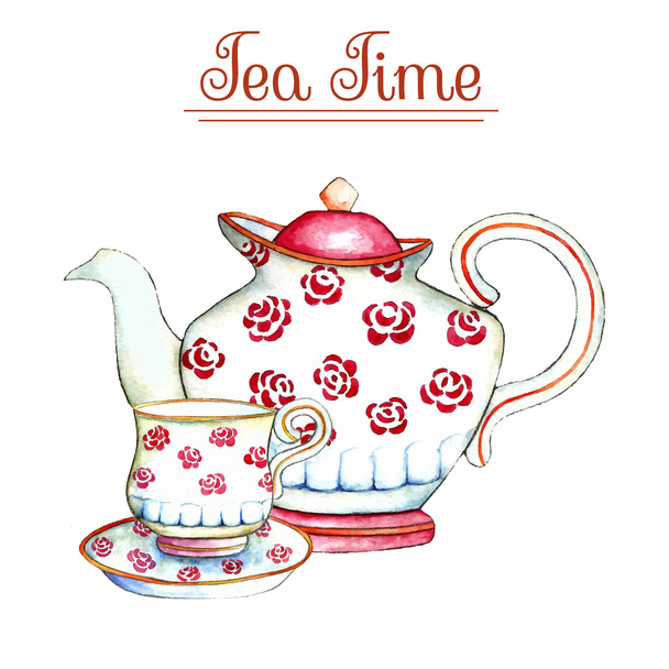 Watercolor teapot and cup. - Вектор,изображение