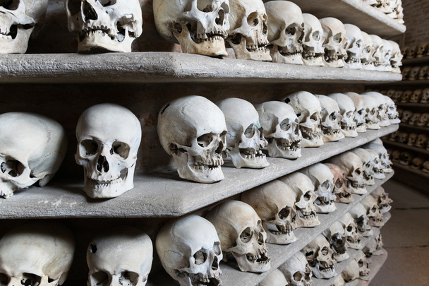 menselijke schedels in een catacombe. - Foto, afbeelding