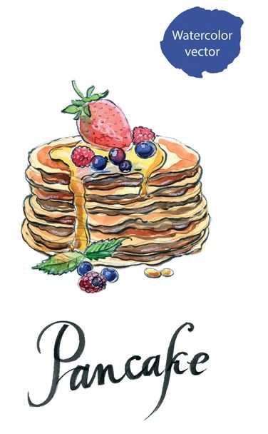 Watercolor pancakes with berries and maple syrup - Photo, Image