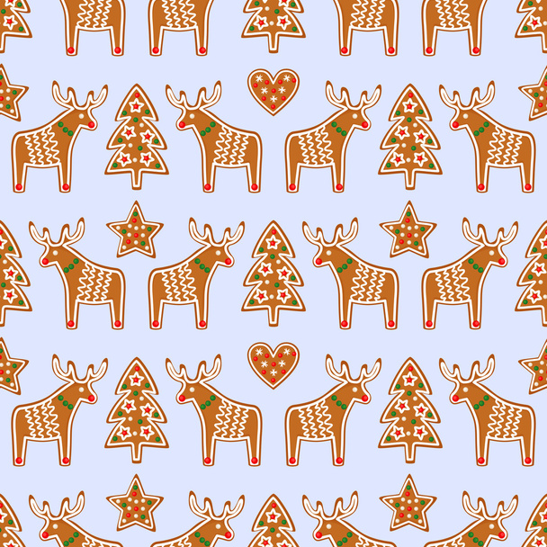 Seamless pattern with Christmas gingerbread cookies - Xmas tree, star, heart, deer. - Vector, imagen
