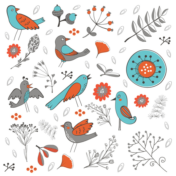 Värikäs koostumus lintuja ja kukkia
 - Vektori, kuva