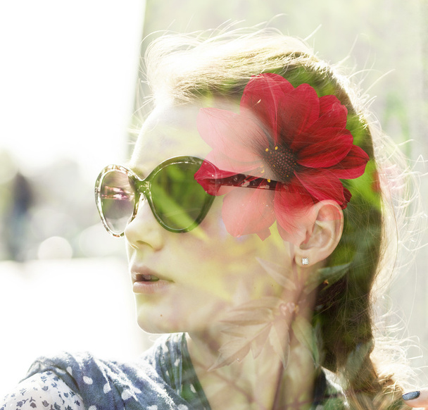 Double exposure of beautiful girl and red flower - Foto, imagen