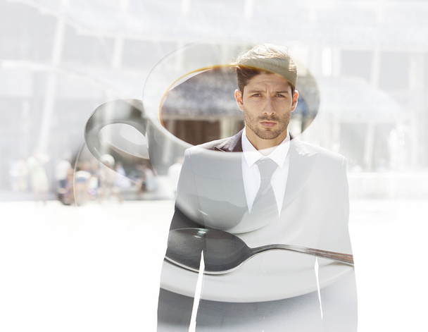 Double exposure of businessman and cup of coffee - Foto, immagini