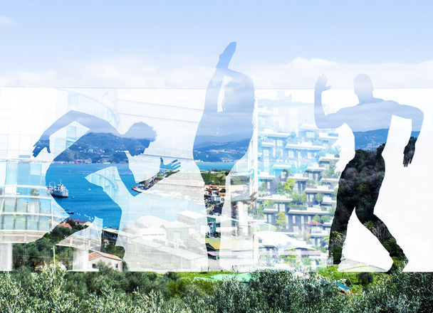 Double exposure of dancers silhouettes and italian coast town - Φωτογραφία, εικόνα