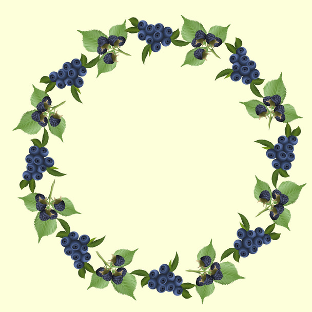 frame of blueberries and blackberry with green leaves - Vector, afbeelding