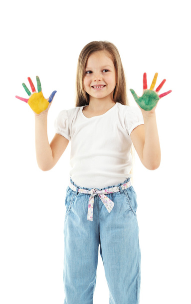 Little girl with hands in paint, isolated on white - Fotografie, Obrázek