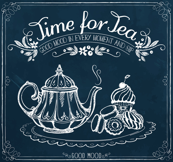 Ретро ілюстрація Час для чаю з чайником та солодкою випічкою
 - Вектор, зображення