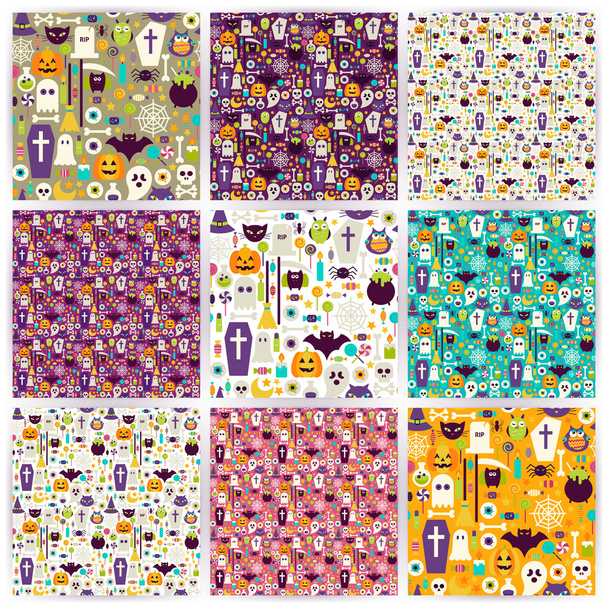 Nine Vector Flat Seamless Halloween Party Patterns Collection - Vector, Image