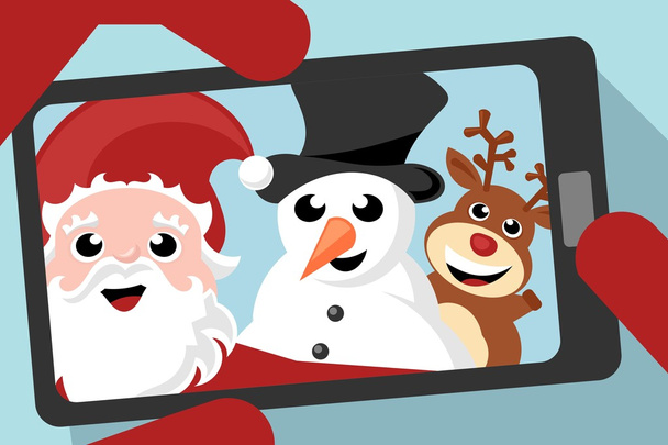 Santa claus, sněhulák a sob fotografování selfie - Vektor, obrázek