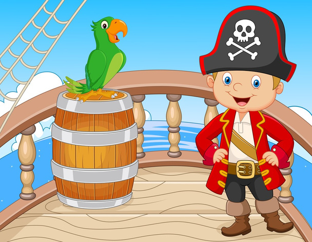 Pirata de dibujos animados en el barco con loro verde
 - Vector, Imagen