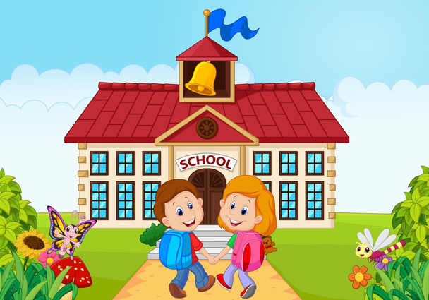Счастливые маленькие дети идут в школу
 - Вектор,изображение