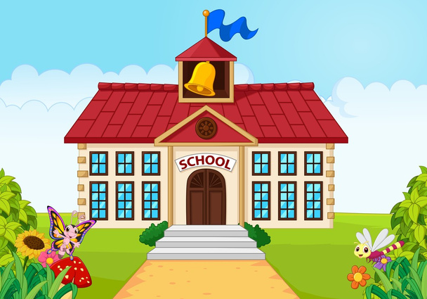 Cartoon school building isolated with green yard - Vector, Image