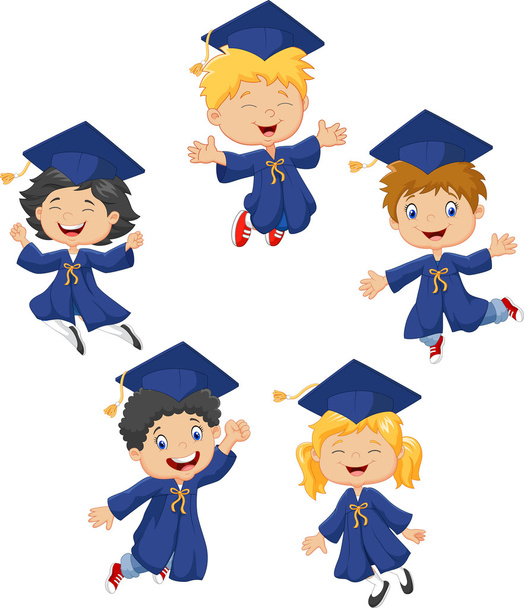 Los niños pequeños de dibujos animados celebran su graduación aislados sobre un fondo blanco
 - Vector, imagen