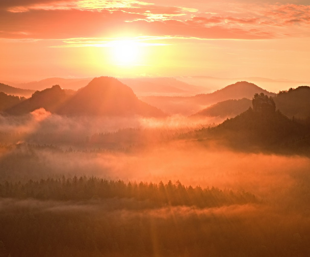 Merveilleux réveil rouge. Automne belle vallée. Les sommets des collines sortent du brouillard rouge et orange Rayons du soleil
. - Photo, image
