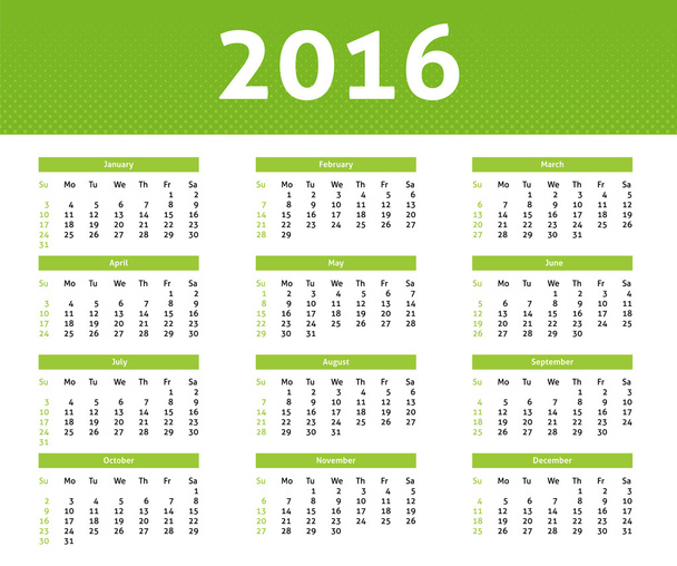ημερολόγιο έτους 2016 σε αγγλικό, ηλεκτρικό πράσινο στιλ μεσοτονικό - Διάνυσμα, εικόνα