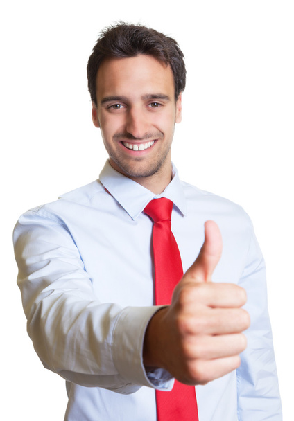 Businessman with red tie showing thumb up - Φωτογραφία, εικόνα