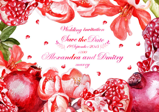 Watercolor wedding card with pomegranates and flowers, invitation. - Vector, Image