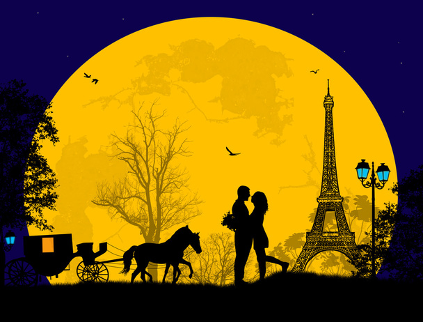 Carriage and lovers at night in Paris - Vector, Image
